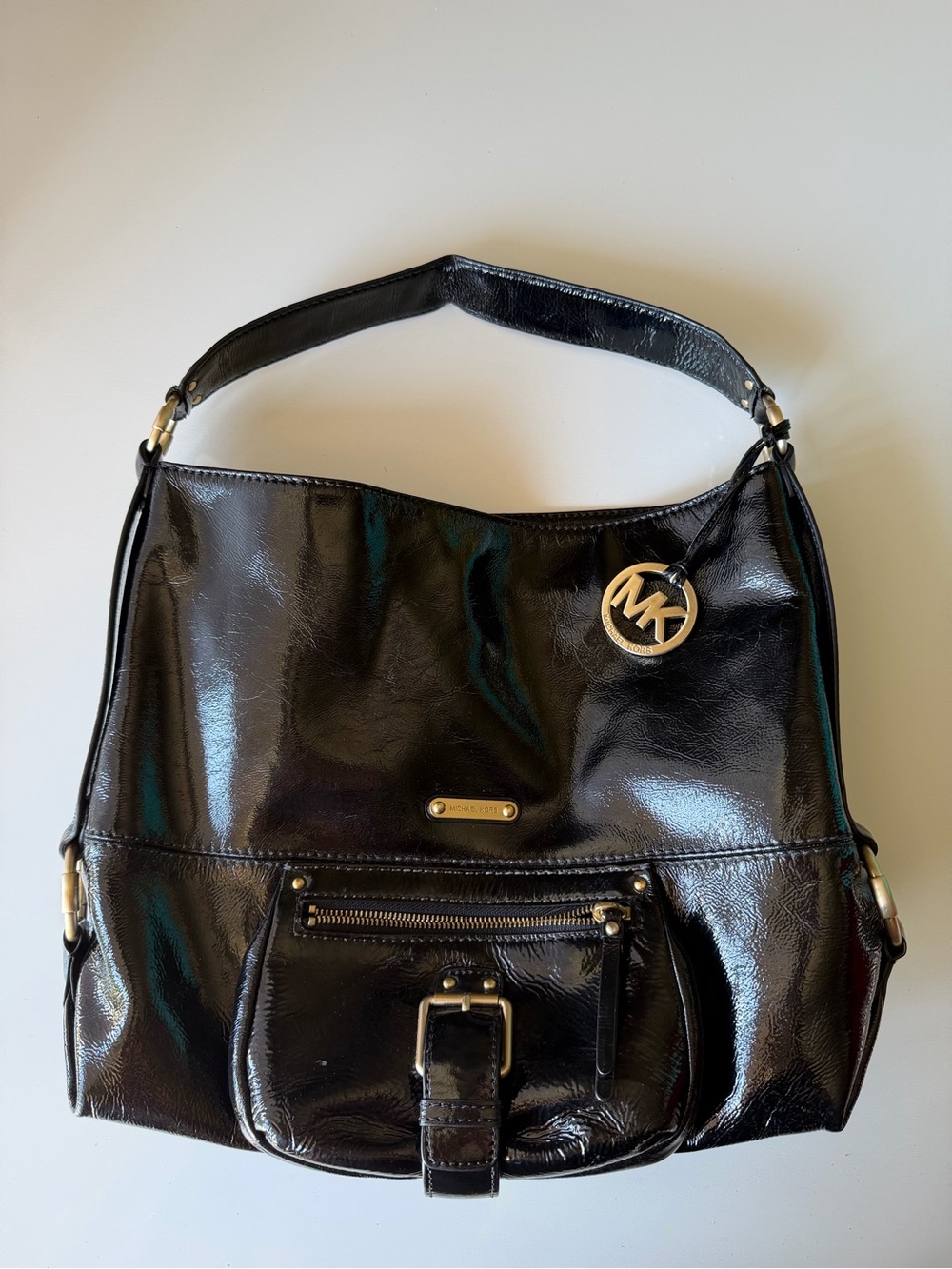 Michael Kors Black Patent Leather Hobo Shoulder Bag with Gold Tone MK Charm